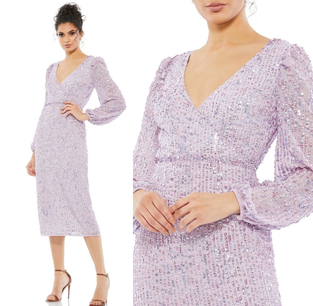 Mac Duggal 107641 Lavender Purple Sequin V Neck Long Sleeve Midi Dress 2